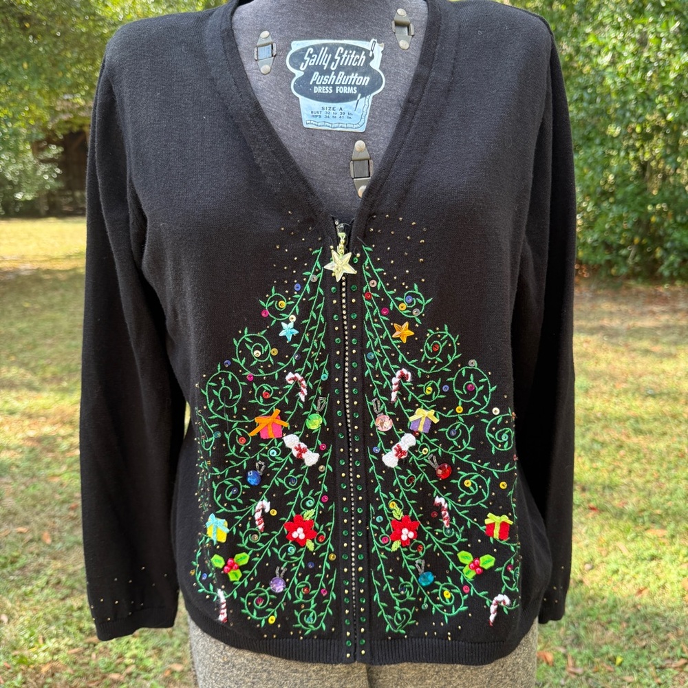 Embroidered Christmas Tree Black Cardigan Sweater Zippered Beaded Sequins